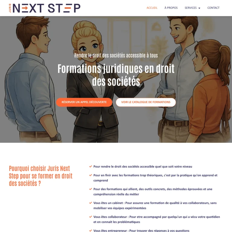 Aperçu du site vitrine réalisé pour Juris Next Step par Pierre Levacher, webmaster freelance à Fécamp