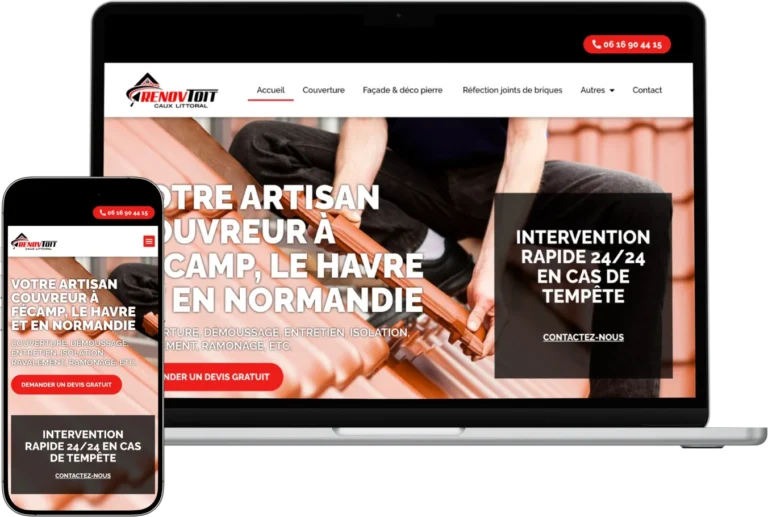 Illustration d'un site vitrine WordPress affiché sur ordinateur et mobile, création Pierre Levacher à Fécamp