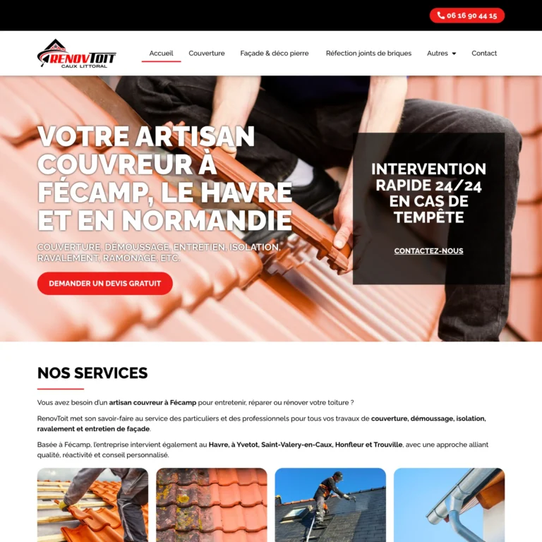 Aperçu du site vitrine réalisé pour RenovToit Caux Littoral par Pierre Levacher, webmaster freelance à Fécamp