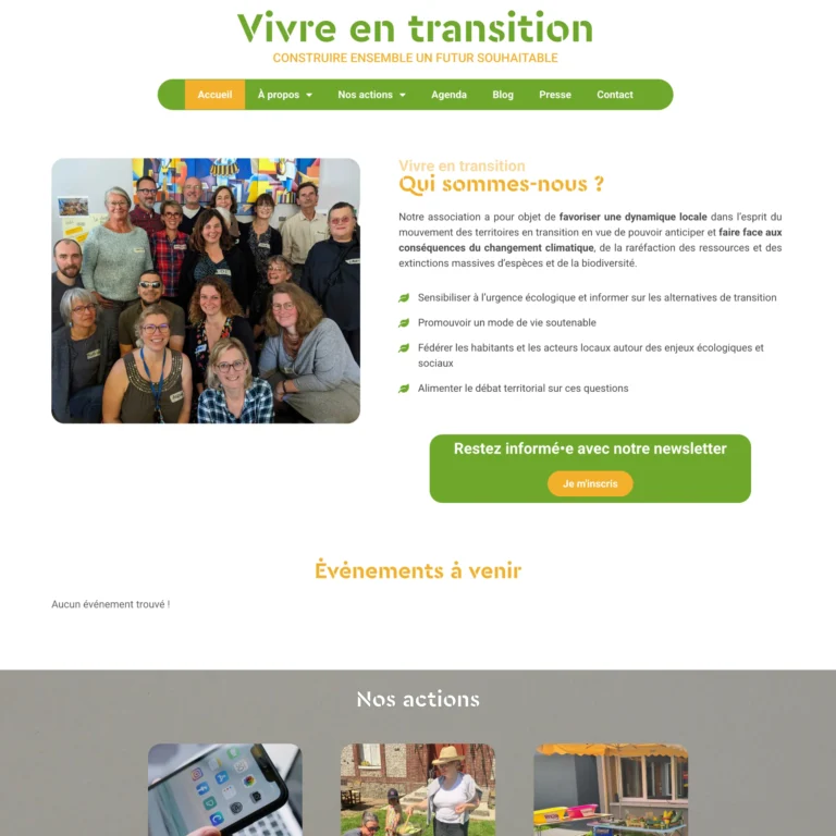 Aperçu du site vitrine réalisé pour l'association Vivre en Transition par Pierre Levacher, webmaster freelance à Fécamp